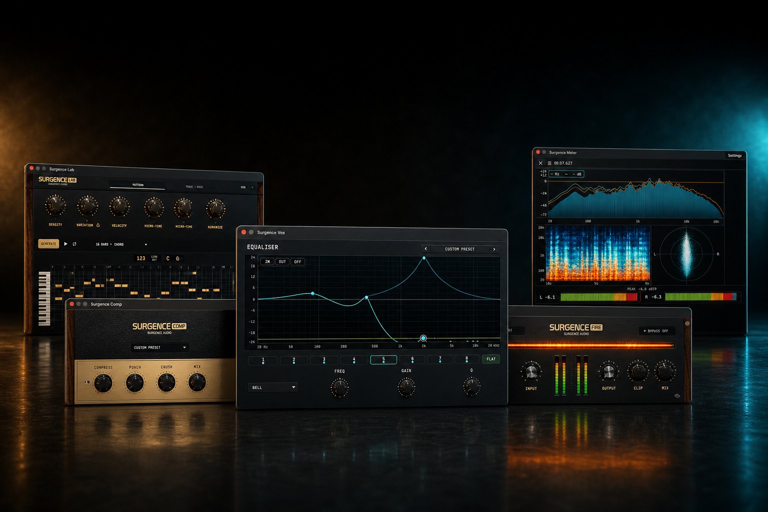 Surgence Lab, Comp, Vox, Fire, and Meter together