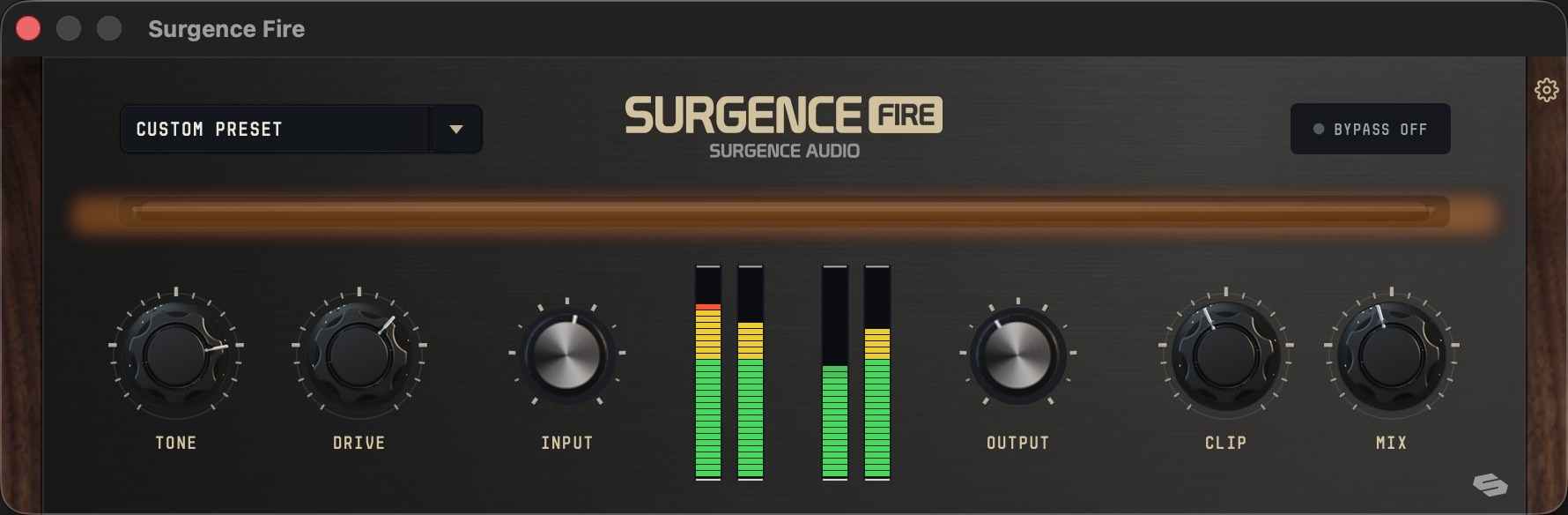 Surgence Fire Tone, Drive, Clip, and Mix knobs