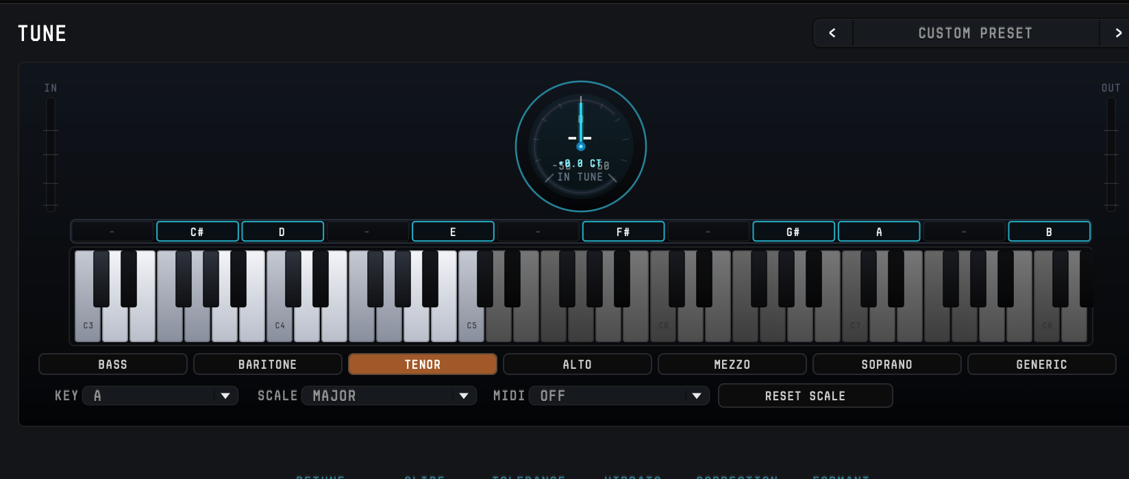 Surgence Vox Tune dashboard with pitch needle, keyboard, and range